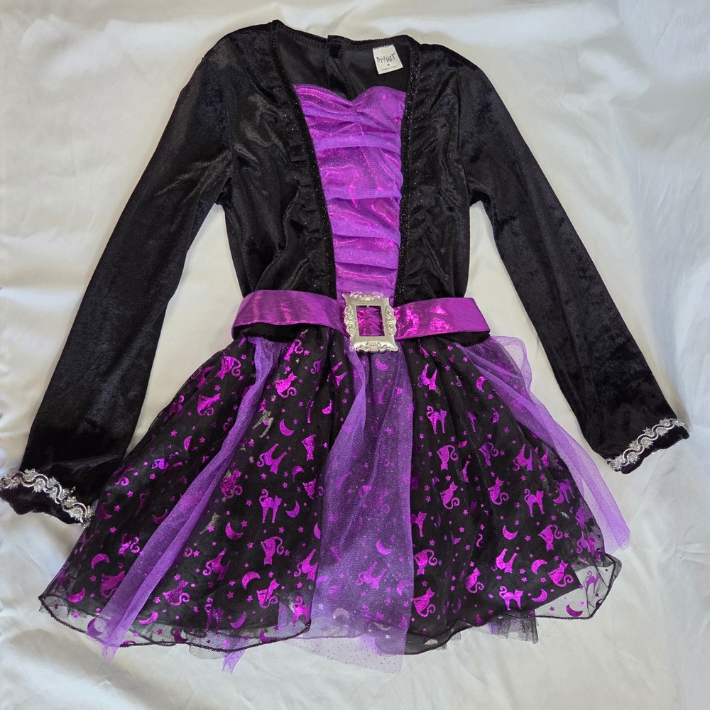 Spirit Halloween Witch Costume Youth Child Black Purple Velvet Cat Moon - M